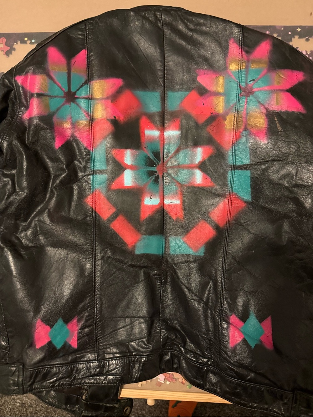 Black Leather Jacket with Pink & Teal Spray Floral Motif